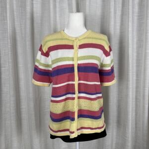 Christopher & Banks Cardigan Sweater Womens Large Short Sleeve Open Knit Stripe